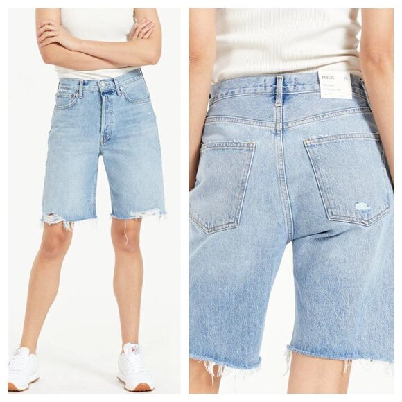 Agolde 90s Mid Rise Loose Denim Shorts Button Fly in Swapmeet Blue Women's 24